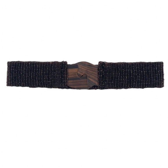 Boho Belt Wide Woven Bead Elastic Will Stretch w/ Interlocking Wooden Buckle 33” - Picture 1 of 6